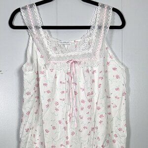 Miss Elaine VTG White Pink Floral Lace Sleeveless Nightgown Bow Cottagecore S